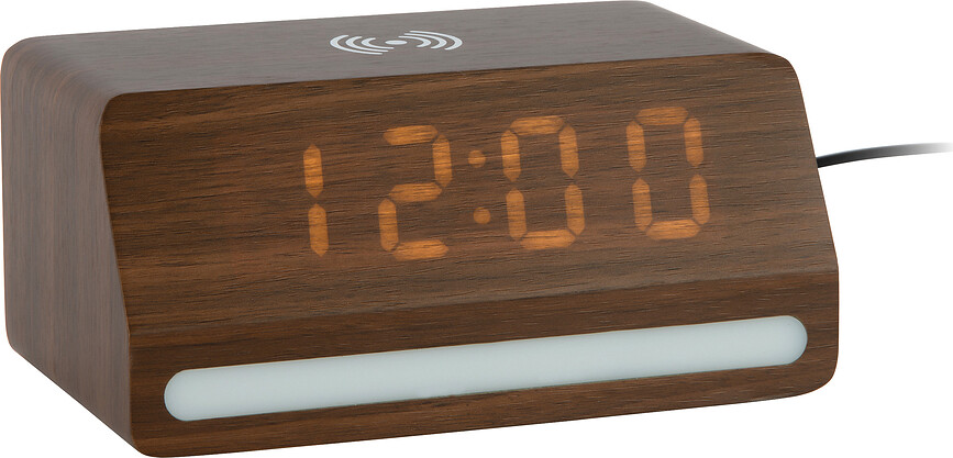 Despertador LED, estilo retro, de madera oscura, con cargador inalámbrico