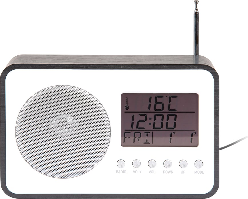 Despertador Radio FM, acabado en madera oscura