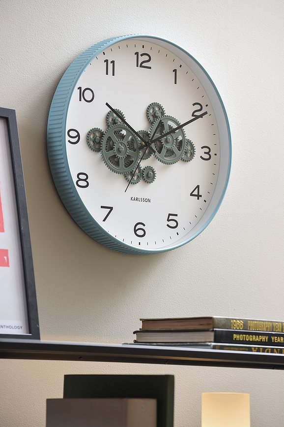 Open Gear Horloge murale, bleu et jaune