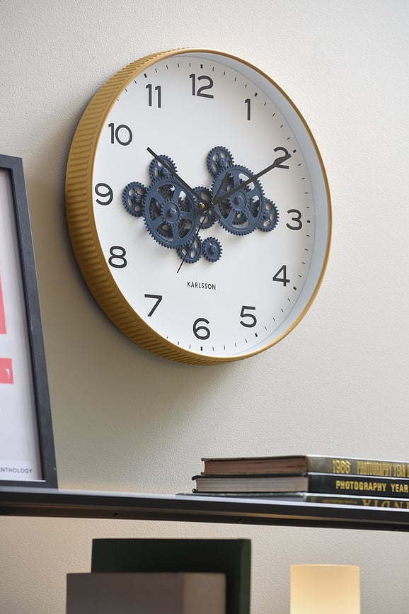 Open Gear Horloge murale, bleu et jaune