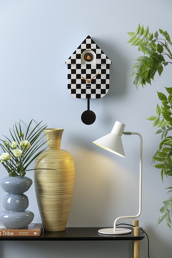 Reloj de Pared con Cuco Modern Cuckoo, diseño de tablero de ajedrez, negro