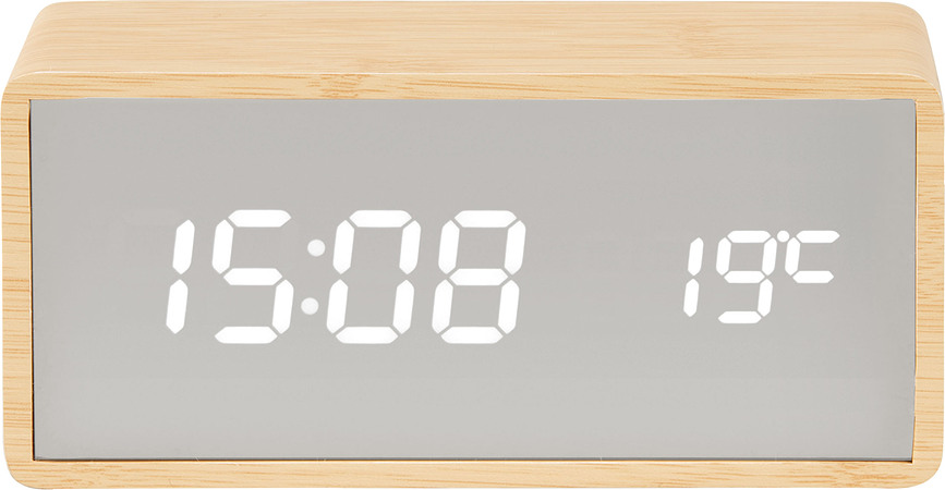 Silver Mirror LED Wood Ρολόι-Ξυπνητήρι, led, με καθρέφτη, σε όψη ανοιχτόχρωμου ξύλου