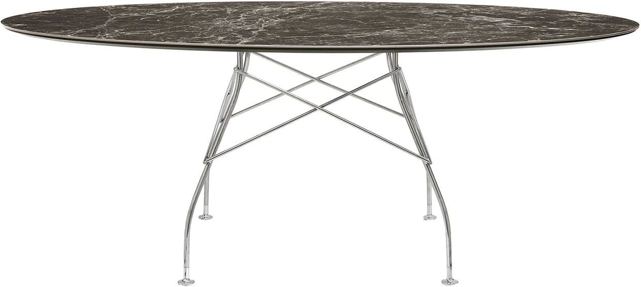 Stół Glossy Marble Brown Emperador owalny 192 cm chromowane nogi
