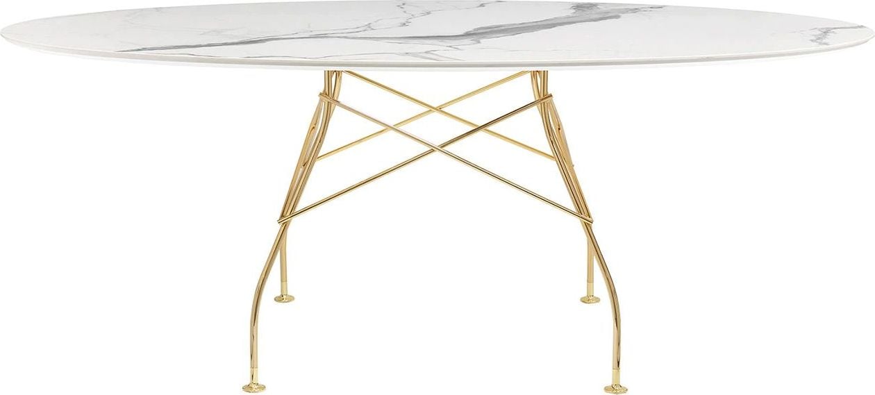 Stół Glossy Marble White owalny 192 cm złote nogi