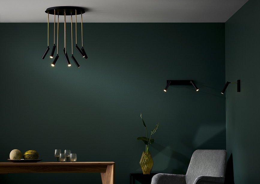 Lámpara Colgante Lars, 8 luces, negra y dorada