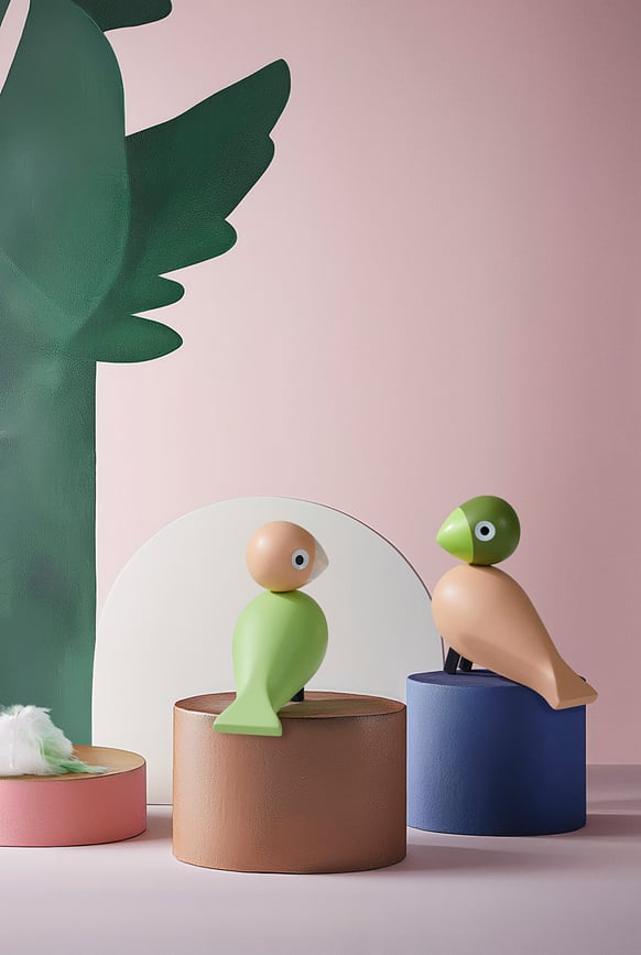 Decoración de madera Lovebirds, verde y rosa, 2 unidades