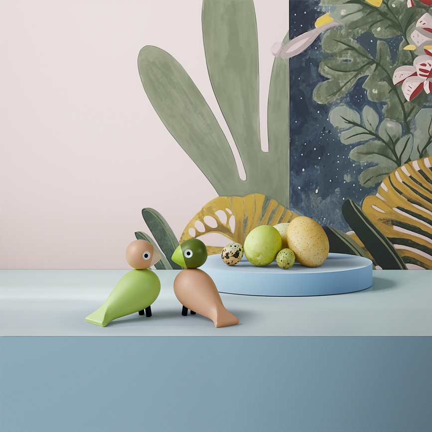 Decoración de madera Lovebirds, verde y rosa, 2 unidades