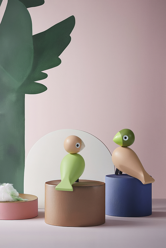 Figurines Décoratives Lovebirds en bois, vert et rose, Lot de 2