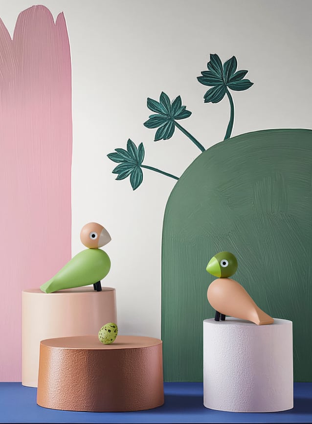 Figurines Décoratives Lovebirds en bois, vert et rose, Lot de 2