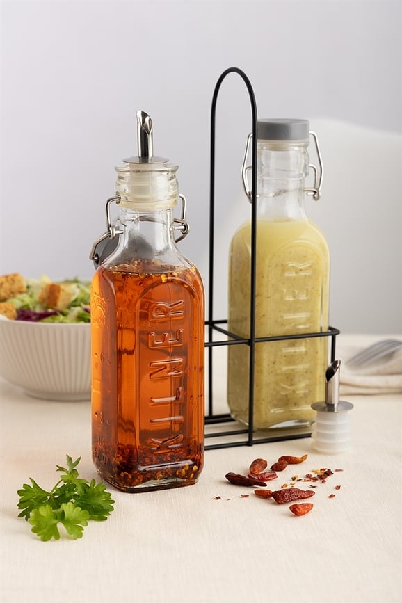 Aceiteras y Vinagreras Kilner, 2 x 300 ml, con soporte, Set de 3 piezas