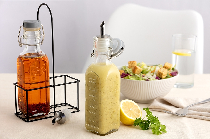 Aceiteras y Vinagreras Kilner, 2 x 300 ml, con soporte, Set de 3 piezas