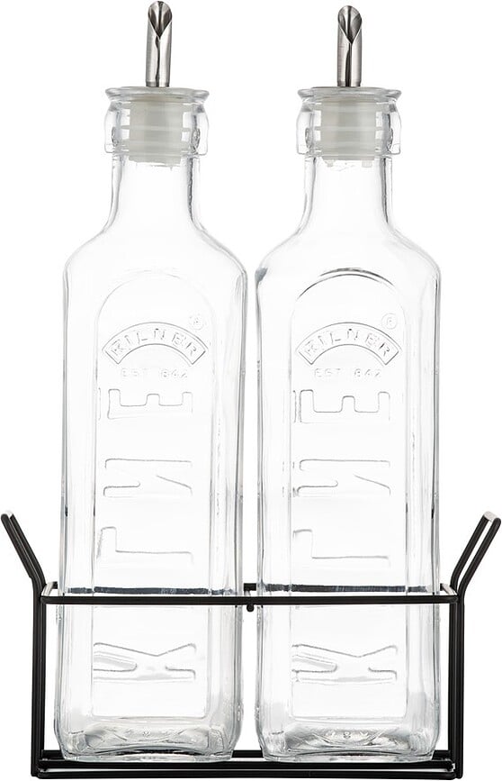 Aceiteras y Vinagreras Kilner, 2 x 600 ml, con soporte, Set de 3 piezas
