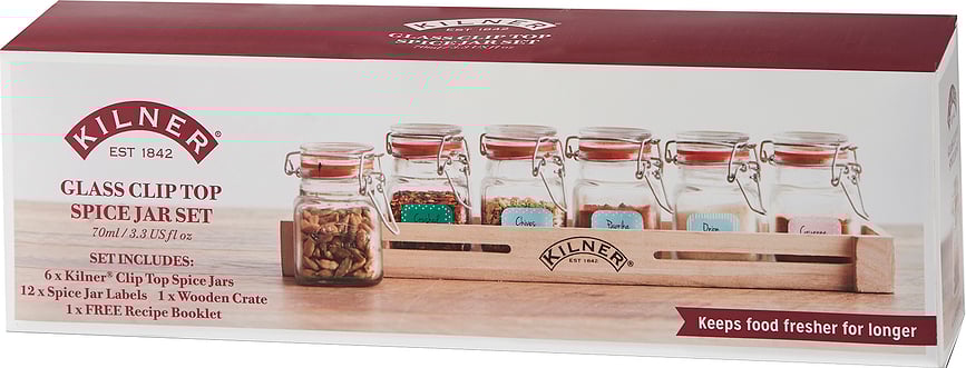 Juego de Tarros para Especias Kilner, presentado en caja, con etiquetas, Set de 19 piezas
