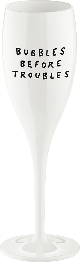 Copa de champán Cheers con inscripción Bubbles Before Troubles