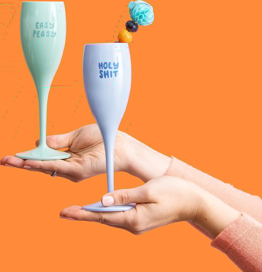 Copa de Champán Cheers, con mensaje "La Vie Est Nulle Sans Bulle"