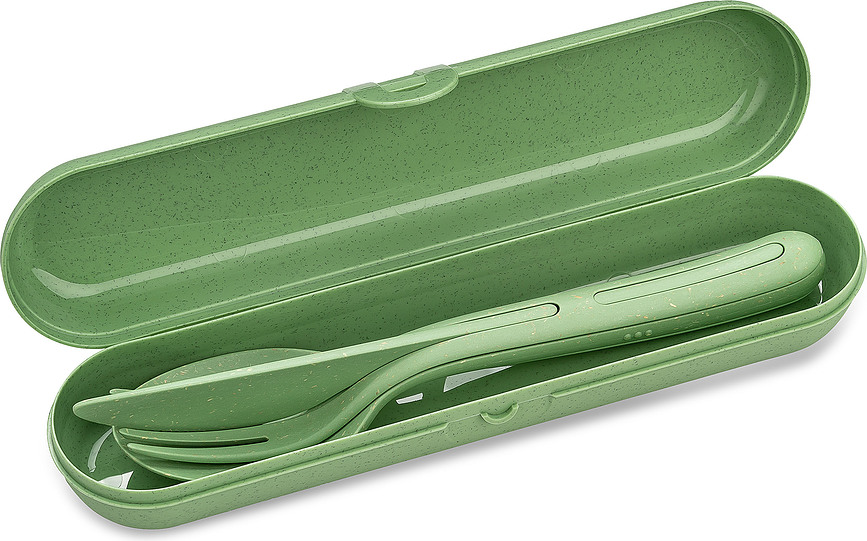 Cubiertos de Viaje Klikk Ready Organic Nature, verdes, con estuche, Set de 4 piezas