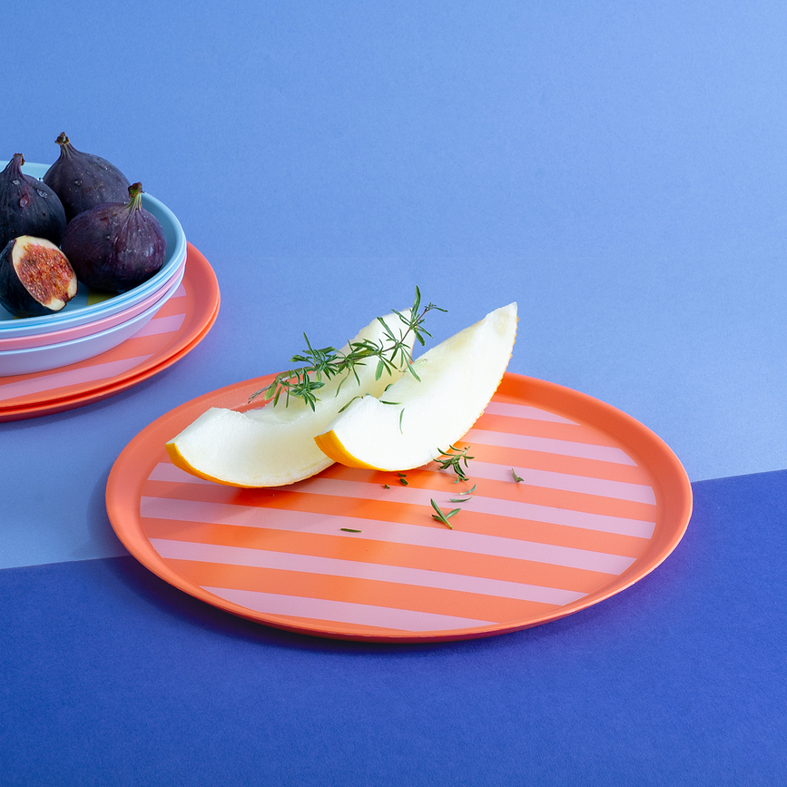 Nora Assiette Plate à rayures, 25,5 cm, orange et rose