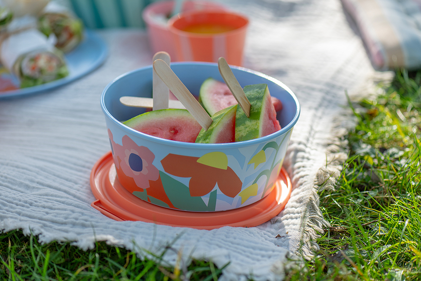 Nora Posoda s pokrovom, 1,3 l, oranžno-modra, cvetlični vzorec