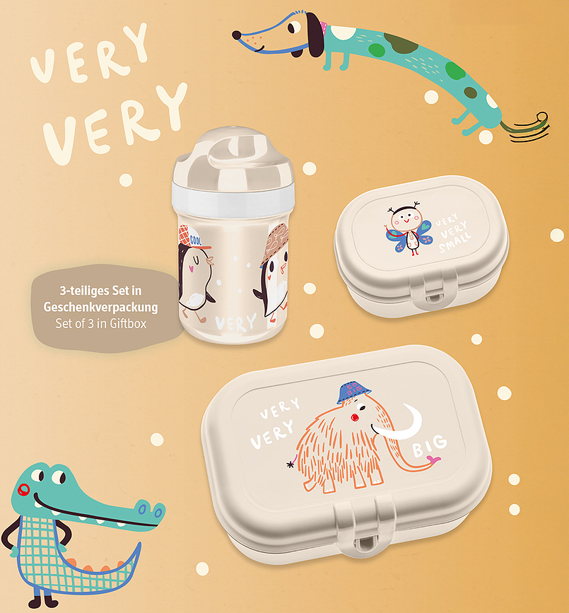 Very very to go Set Repas pour Enfants avec Gourde, beige, Set 3 pièces