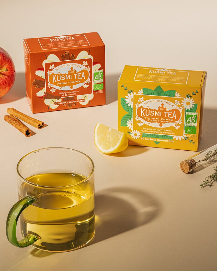 Infusión ecológica de tomillo limón, manzanilla y hojas de naranjo, en bolsitas de muselina, 20 unidades