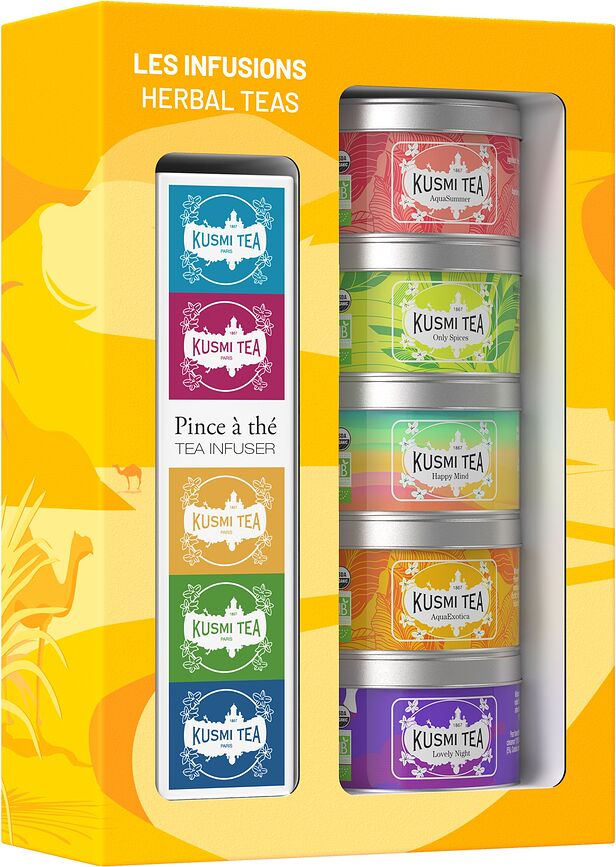 Kusmi Herbal Set Zeliščni čaji, bio, z cedilom za čaj, 5 kosov