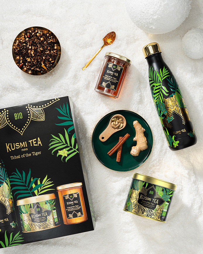 Tchai of the Tiger Set avec thé noir bio, bouteille isotherme et confiture, 3 pièces