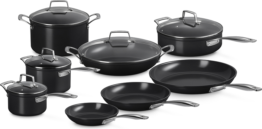 Le Creuset Set loncev in ponev, neprijemljivi, črni, aluminij, 8-delni set