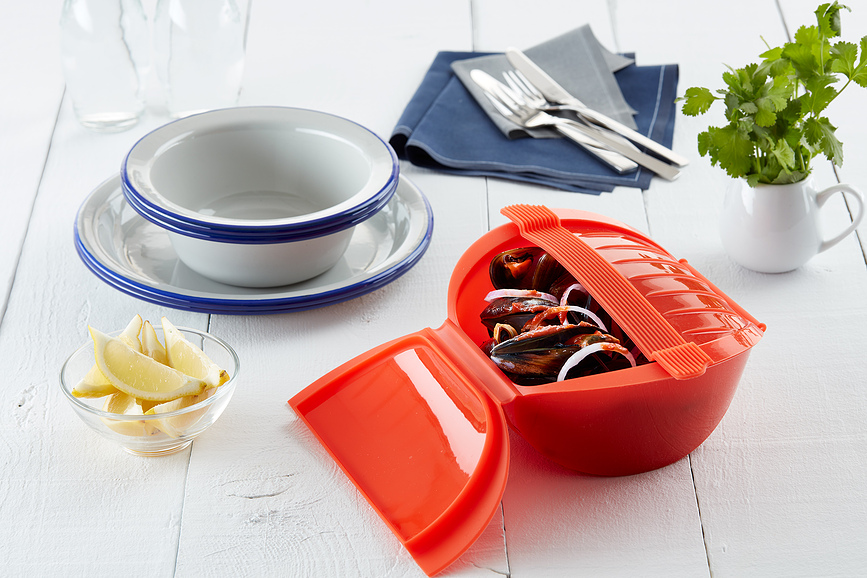 Deep Steam Cuiseur Vapeur pour micro-ondes, 26 cm, rouge