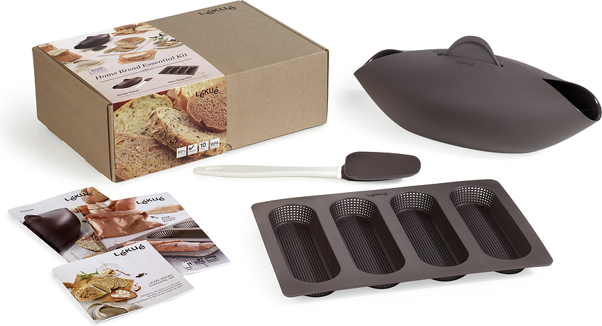 Recipiente para Hornear Pan Lekue, con molde para mini baguettes y espátula, Set de 3 piezas