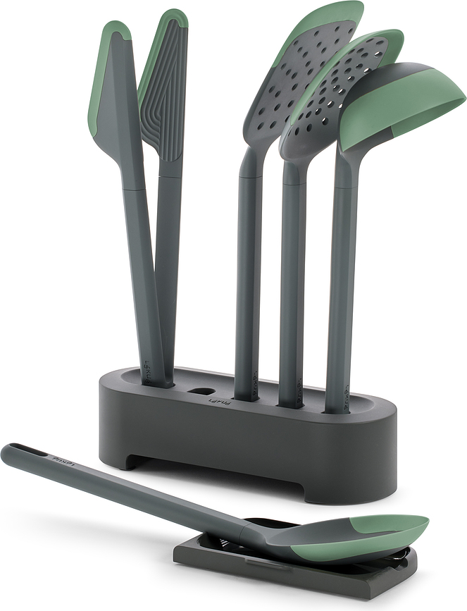 Ustensiles de Cuisine anti-rayures avec support, vert foncé, Set 6 pièces