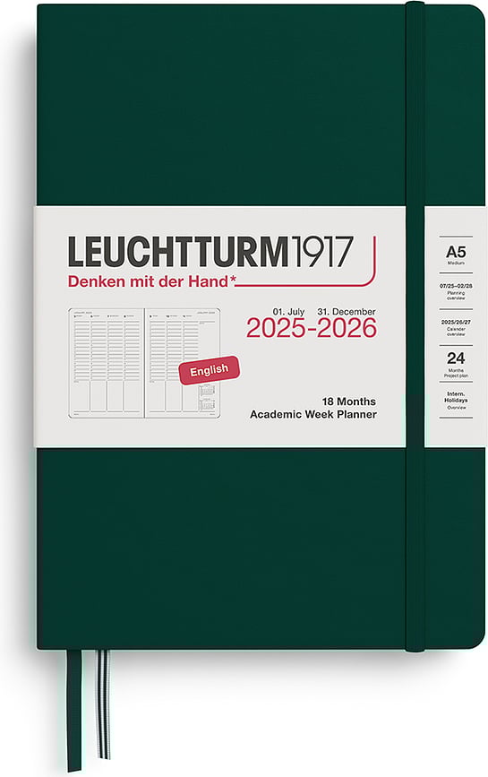 Agenda Académica de tapa dura Leuchtturm 1917, 18 meses, 2025/2026, A5, verde bosque, en inglés