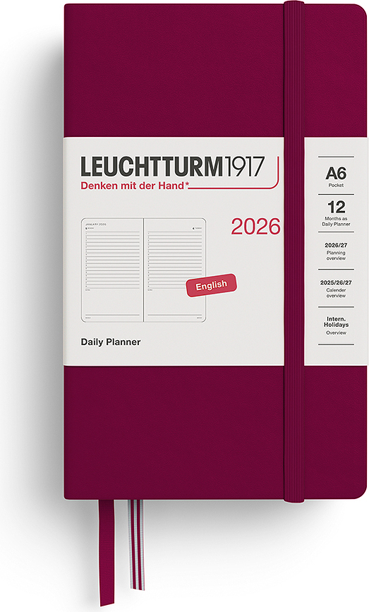 Agenda diaria de tapa dura Leuchtturm 1917, 2026, A6, burdeos, en inglés