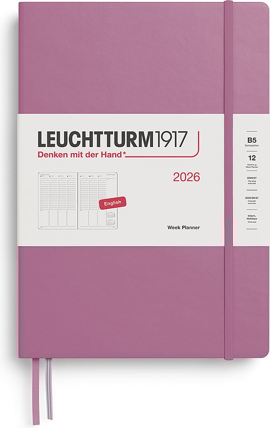 Agenda Semanal de tapa dura Leuchtturm 1917, 2026, formato B5, diseño columnar, en inglés, rosa empolvado