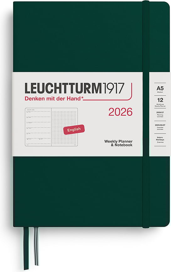 Agenda Semanal Leuchtturm 1917, de tapa dura, 2026, formato A5, diseño EN, con libreta punteada, verde bosque