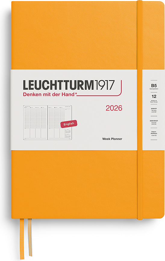 Agenda Semanal Leuchtturm 1917 de tapa dura, formato columna, 2026, B5, naranja, en inglés