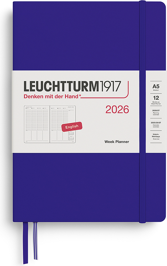 Agenda Semanal Vertical Leuchtturm 1917, de tapa dura, 2026, A5, azul oscuro, en inglés