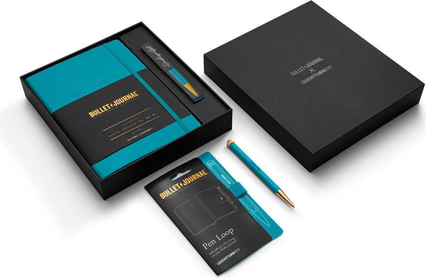 Carnet Bullet Journal avec stylo et porte-stylo adhésif, turquoise, Set 3 pièces