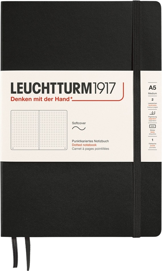 Leuchtturm 1917 A5 pontrácsos füzet, puhafedeles, 123 oldal, fekete, 80 g/m²