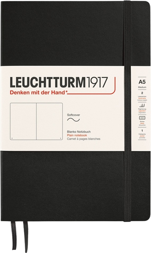 Leuchtturm 1917 A5 sima notesz, puha borítású, 123 oldal, fekete, 80 g/m²