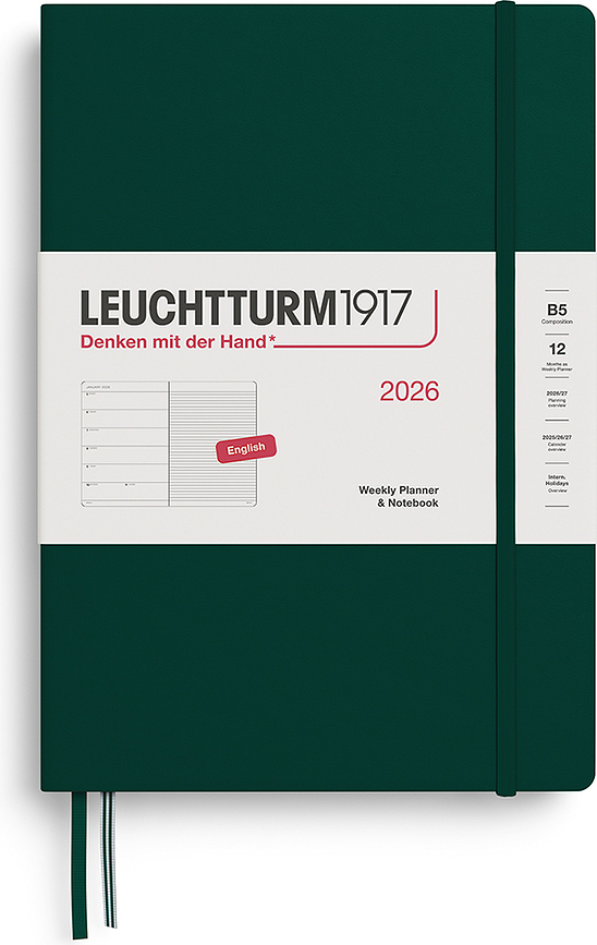 Leuchtturm 1917 Agenda Hebdomadaire 2026, EN, format B5, avec carnet ligné, couverture rigide, vert forêt