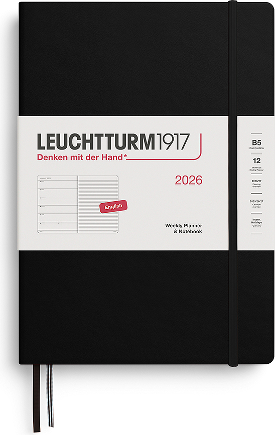 Leuchtturm 1917 Agenda Hebdomadaire avec carnet ligné à couverture rigide, 2026, format B5, EN, noir