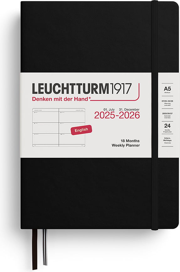 Leuchtturm 1917 Agenda hebdomadaire relié, 18 mois, 2025/2026, format A5, noir, version EN