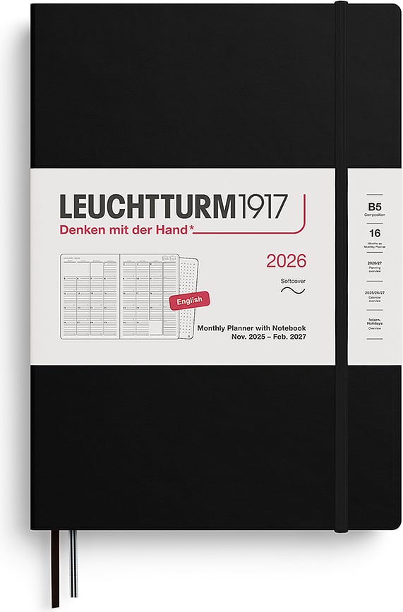 Leuchtturm 1917 Agenda Mensuelle avec carnet de notes, couverture souple, 16 mois 2025/2027, format B5, noire, Anglais