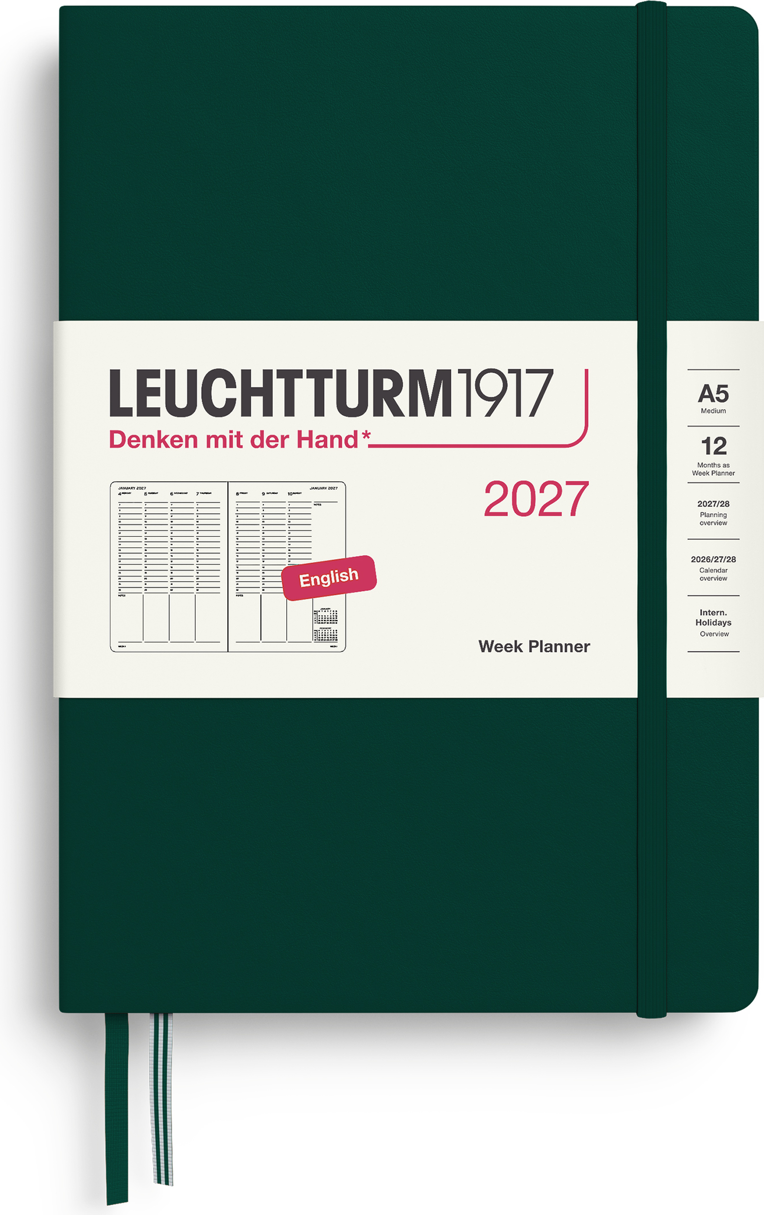 Leuchtturm 1917 Akademischer Wochenplaner Hardcover 2027 EN A5, dunkelgrün