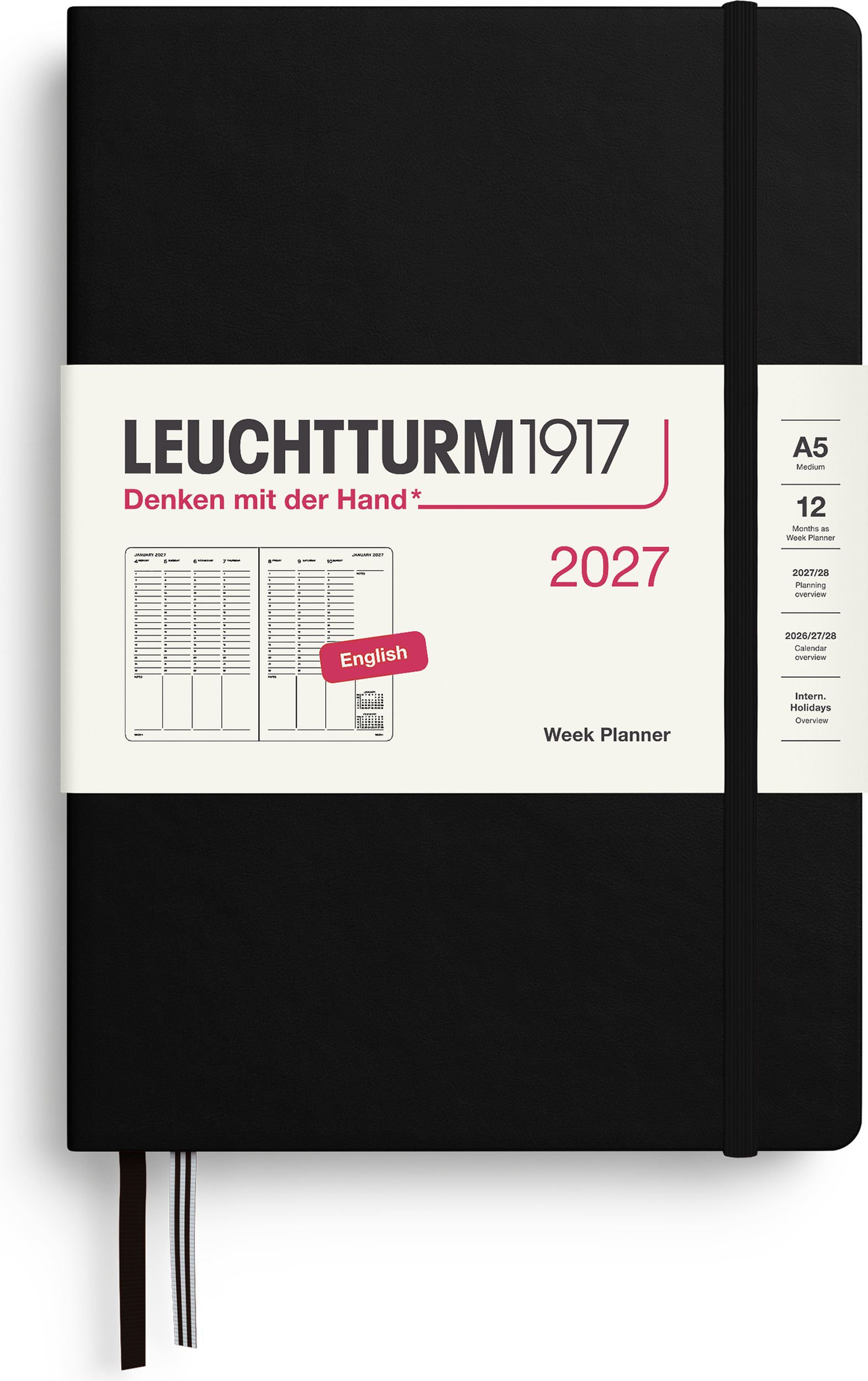 Leuchtturm 1917 Akademischer Wochenplaner Hardcover 2027 EN A5, schwarz
