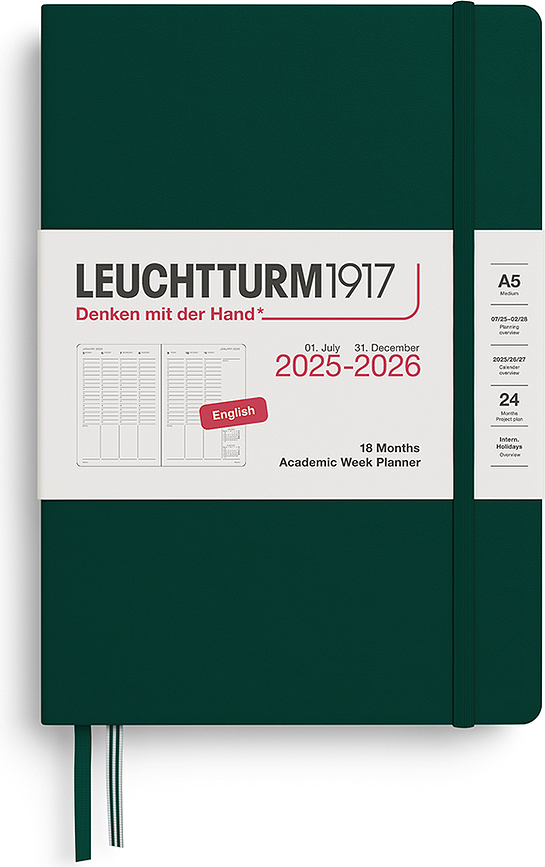 Leuchtturm 1917 Akademski Planer tvrdi uvez A5 18 mjeseci 2025/2026 šumsko zelena EN