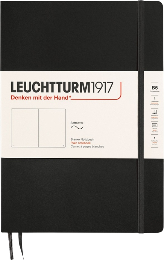 Leuchtturm 1917 B5 sima notesz, puha borítóval, 123 oldal, fekete, 80 g/m²