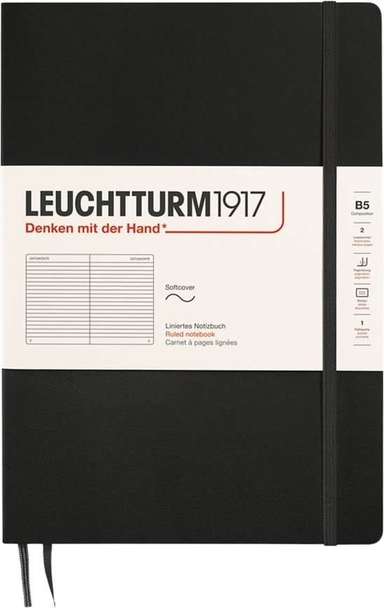 Leuchtturm 1917 B5 vonalas füzet, puhafedeles, 123 oldal, fekete, 80 g/m²