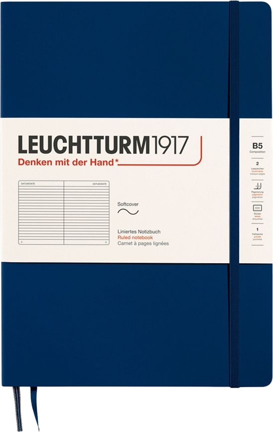 Leuchtturm 1917 B5 vonalas füzet, puhafedeles, 123 oldal, sötétkék, 80 g/m²