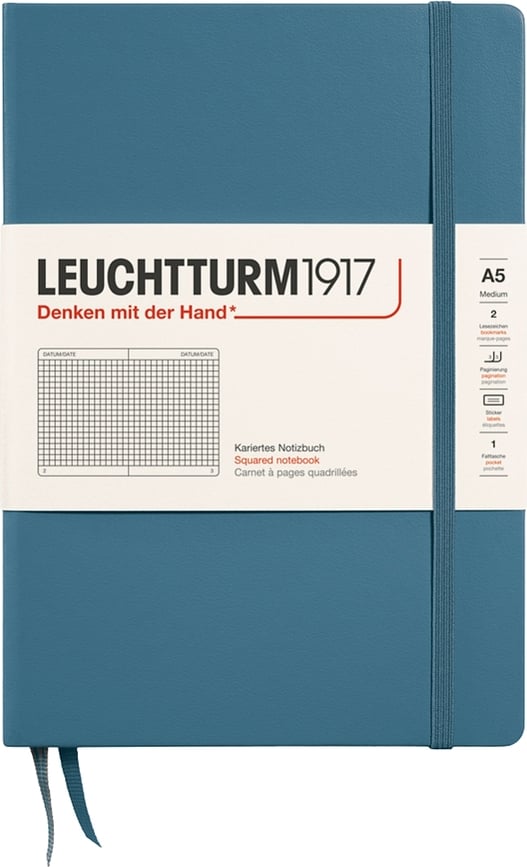 Leuchtturm 1917 Carnet à couverture rigide, à carreaux, A5, 251 pages, gris-bleu, 80 g/m²